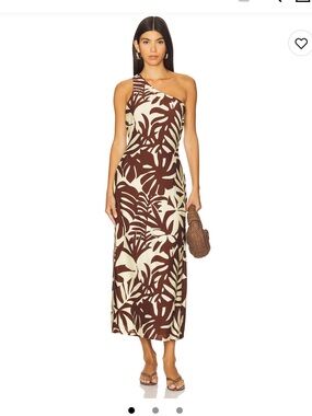 One-Shoulder Tropical Print Maxi Dress in Brown & Cream